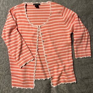 Peachy coral and white strip cardigan with crochet lace detail